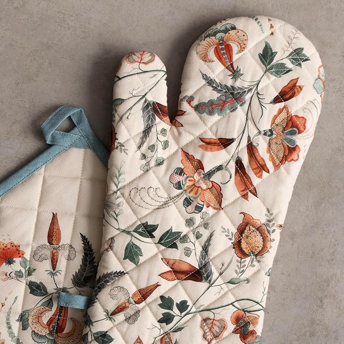 Maison d' Hermine 100% Cotton Oven Mitt & Pot Holder Set (7.5"x13" & 8"x8") Heat Resistant BBQ Cooking Gloves with Loop, Baking, Grilling, Kitchen, Handling Hot Pans (Dalida)
