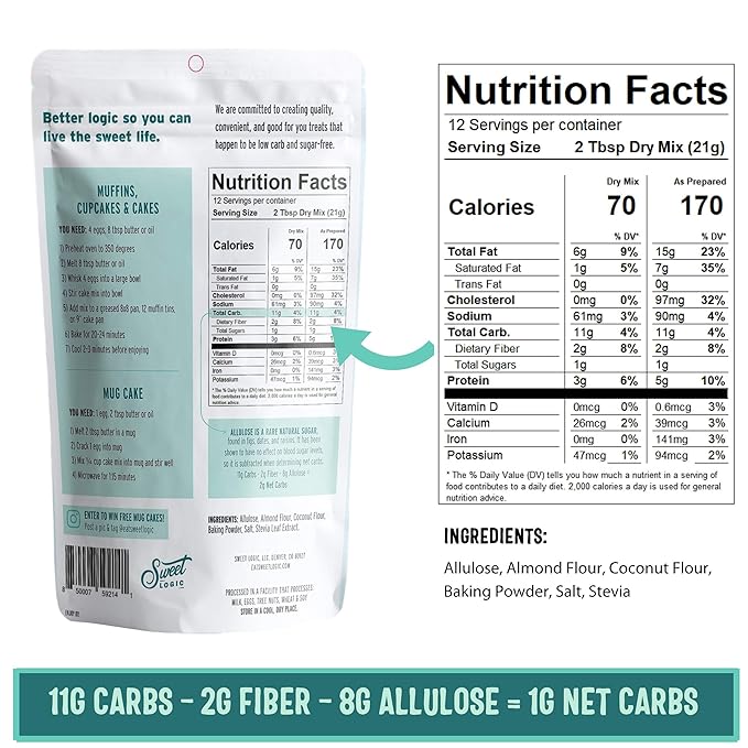 Sweet Logic Keto Baking Mix - Yellow Cake - Gluten-Free - Dairy Free - Diabetic-Friendly - High Protein - Allulose - Stevia - Low Sugar - Low Carb - Quick 20-Minute Prep (1-2G Net Carbs Per Serving)