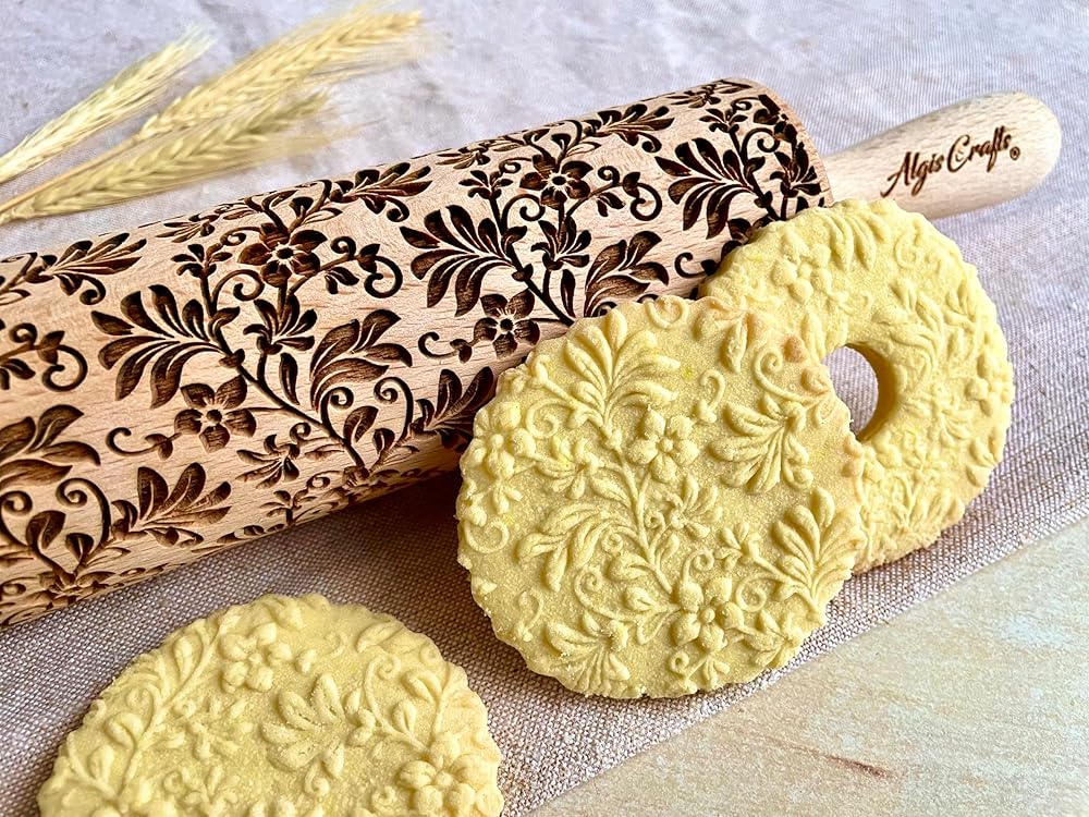 FLORAL WREATH Embossing Rolling Pin with Flowers Pattern. Dough and Clay Roller for Embossed Cookies and Pottery. Cookie and Ceramic Stamp. Backing Gifts for Women by Algis Crafts