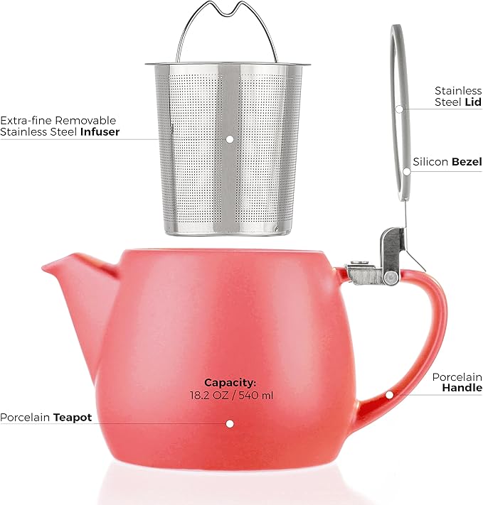 Tealyra - Pluto Porcelain Small Teapot Red - 18.2-ounce (1-2 cups) - Matte Finish - Stainless Steel Lid and Extra-Fine Infuser To Brew Loose Leaf Tea - 540ml