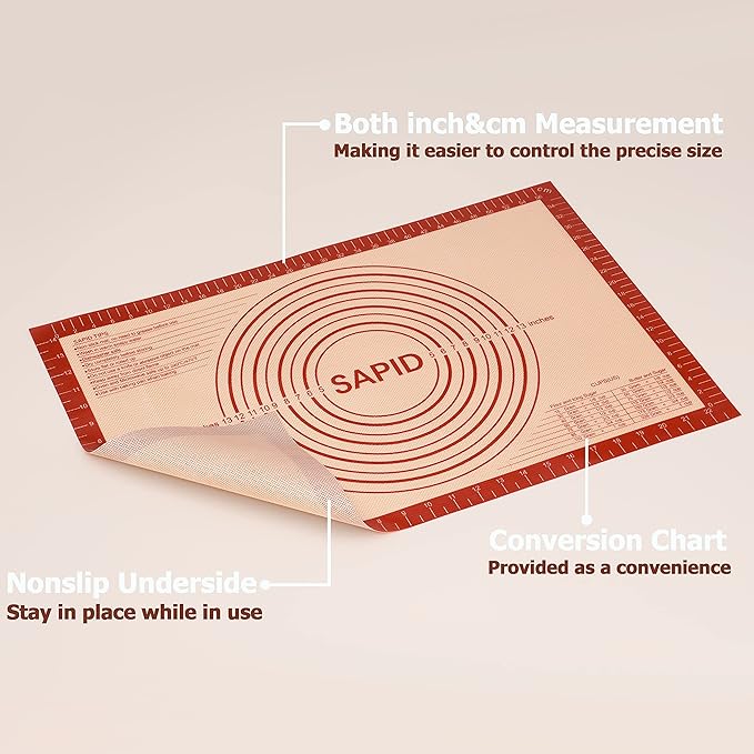 Sapid Extra Thick Silicone Pastry Mat Non-slip with Measurements for Non-stick Silicone Baking Mat Large, Dough Rolling, Pie Crust, Cookies, Kneading Mats, Countertop, Placement Mats (16" x 24", Red)