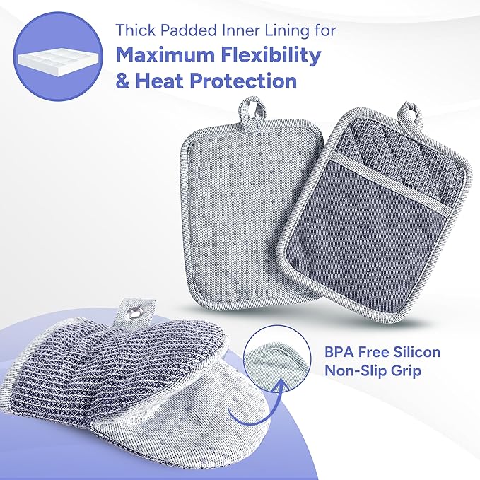 Casa Platino Silicone Oven Mitts & Potholders, 4-Piece – Pot Holders and Oven Mitts for BBQ & Baking, Oven Mitt for Kitchen & Microwave – Heat Resistant Up to 500°F, Durable & Flexible – Indigo