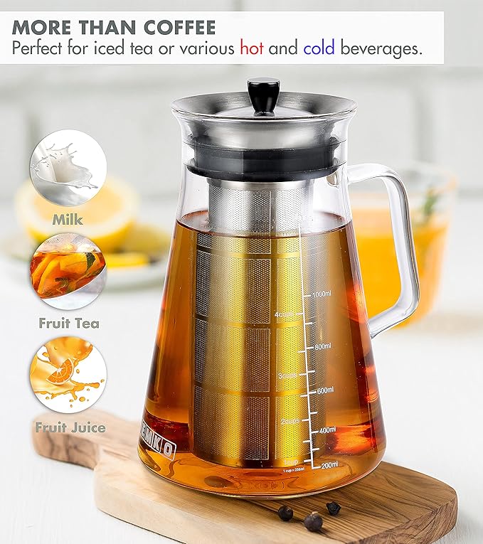 Aquach 34 Oz Cold Brew Coffee & Iced Tea Maker – Airtight Lid, Dishwasher Safe, Borosilicate Glass Caraf
