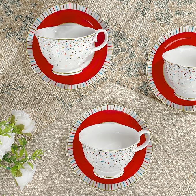 fanquare 21-Piece Red English Porcelain Tea Sets, 6 Cups and Saucers, Colorful Sprinkle Sugar Bone China Tea Set for Afternoon Tea Party, Birthday, Celebrations