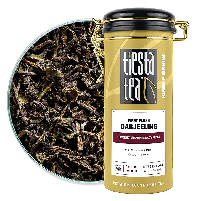 Tiesta Tea - First Flush Darjeeling Black Tea, Loose Leaf, Single Origin Premium Black Tea from India, Pure High-Caffeinated Blend, Makes Hot or Iced & Up to 50 Cups, 4oz Refillable Tin