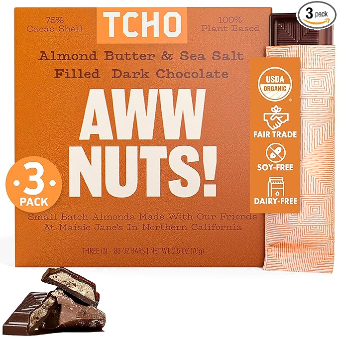 TCHO Aww Nuts! 75% Dark Chocolate Bars (3 pack) | Plant Based, Organic & Fair Trade, | Non GMO, Non-Dairy, Vegan, Soy Free (2.5oz each)
