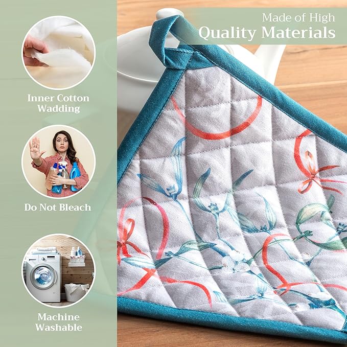 Maison d' Hermine Pot Holders Set 100% Cotton Heat Resistant Potholders 8" x 8" Hot Pads with Loop BBQ, Cooking, Baking, Grilling, Kitchen, Handling Hot Pans (Pack of 1, Enora)