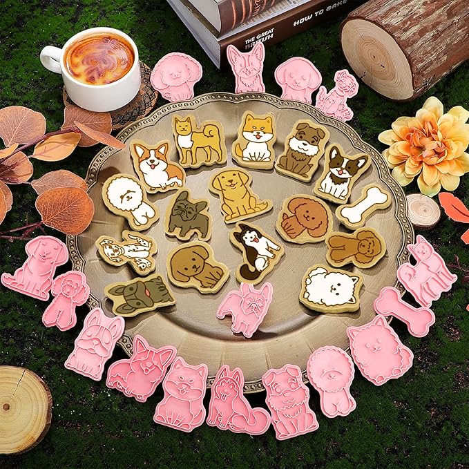 16 Pcs Dog Cookie Cutters with Plunger Stamps Set 3D Puppy Bone Shape Biscuit Cutter Funny Cartoon Cookie Stamps Stamped Embossed Dog Cookie Cutters for Treats DIY Cookie Cake Baking Supplies