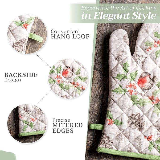 Maison d' Hermine 100% Cotton Oven Mitt & Pot Holder Set (7.5"x13" & 8"x8") Heat Resistant BBQ Cooking Gloves with Loop, Baking, Grilling, Kitchen, Handling Hot Pans (Christmas Dew)