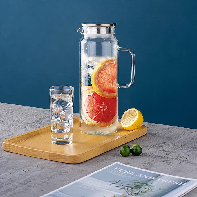 Set of 2 Glass Pitcher with Lid,2 Quart (64 oz / 1.9 Liter) Leak Proof,Glass Water Jugs, BPA-Free,Microwave & Dishwasher Safe Pitcher,Sun & Iced Tea, Sangria,Cold Brew Coffee & More