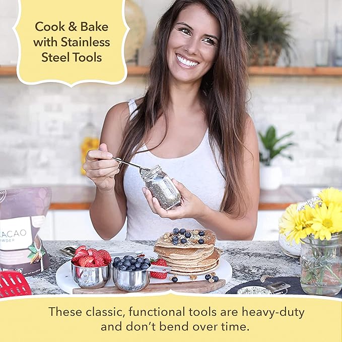 Simply Gourmet Measuring Cups and Spoons Set of 12 – 18/8 Stainless Steel Kitchen Gadgets – Stackable Design with Long Handle Spoons – Fits in Jars – Cooking & Baking Measuring Set for Dry & Liquid