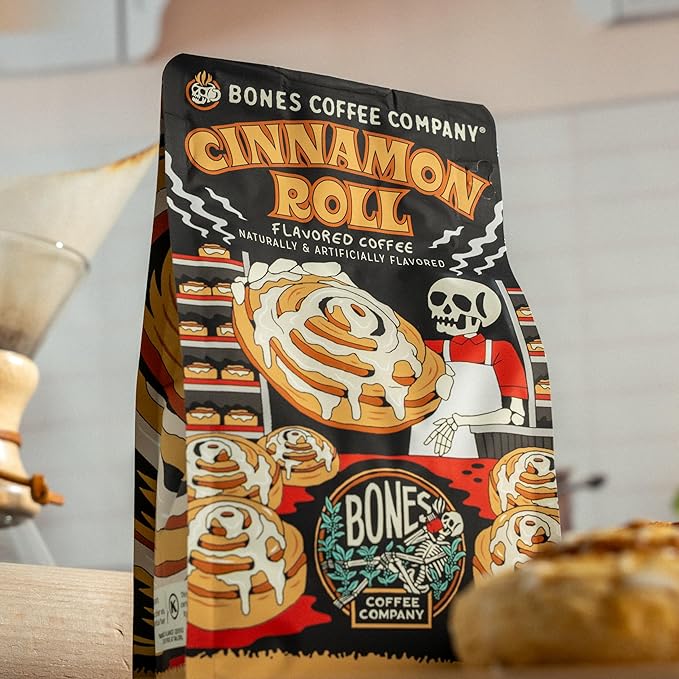Bones Coffee Company Cinnamon Roll Flavored Coffee, Medium Roast Low Acid Arabica Beans Compatible with Auto drip and French Press Coffee Maker, 12 Oz Ground