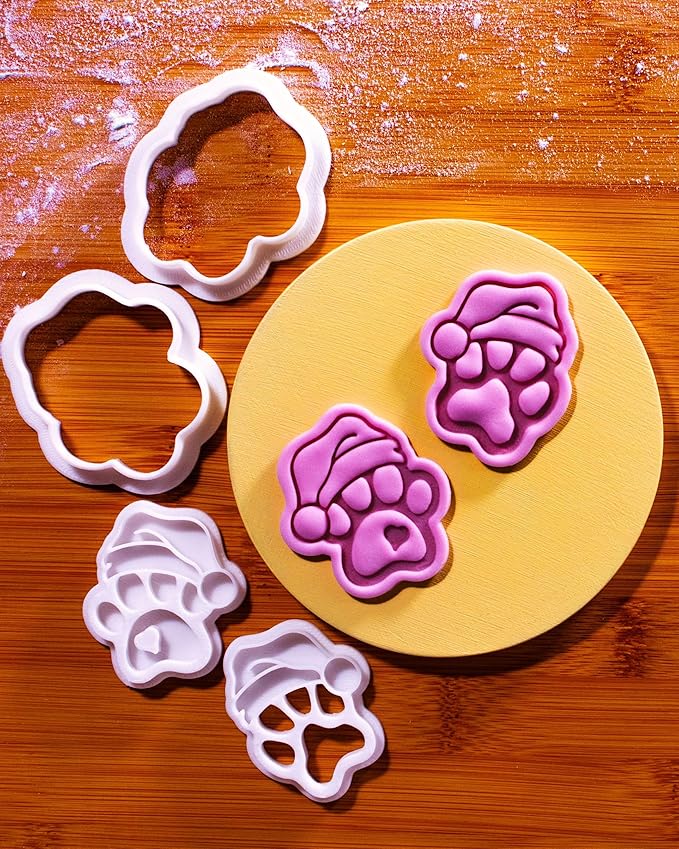 BAKERLOGY Paw-lalalala – Mini Santa Paw Cookie Cutter & Stamp Set (2") – Set of 2 Paw Prints with Santa Hat for Christmas Pet-Themed Fondant Embossers for Festive Cookies, Cupcakes and Edible Crafts