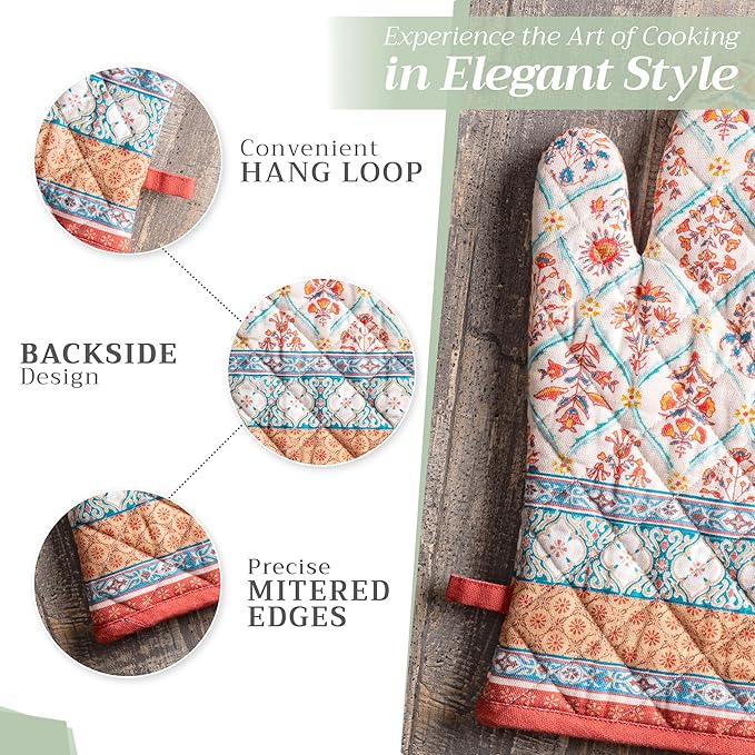 Maison d' Hermine 100% Cotton Oven Mitt & Pot Holder Set (7.5"x13" & 8"x8") Heat Resistant BBQ Cooking Gloves with Loop, Baking, Grilling, Kitchen, Handling Hot Pans (Romane)