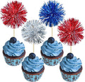 Gyufise 30Pcs Foil Firework Cupcake Toppers Sparkle Tinsel Cake Toppers Tinsel Drink Cake Decoration Cocktail Picks for Birthday Wedding Graduation Party Supplies Silver Dark Blue Red