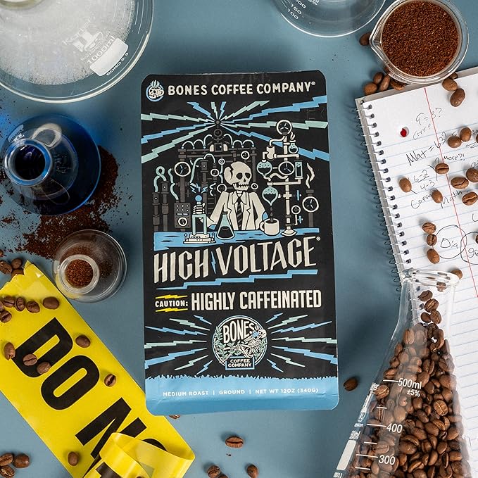Bones Coffee Company High Voltage, Highly Caffeinated Unflavored Coffee, Medium Roast Low Acid Arabica Beans Compatible with Auto drip and French Press Coffee Maker, 12 Oz Ground