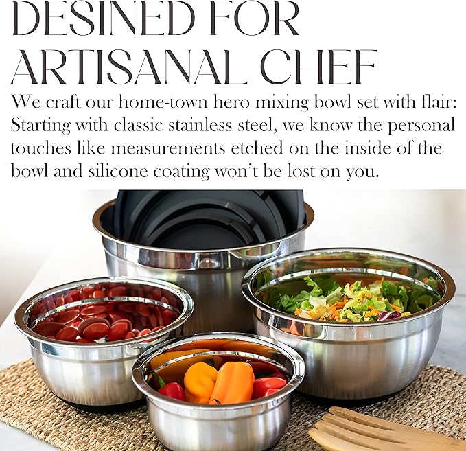Bellemain Stainless Steel Non-Slip Mixing Bowls with Lids (5 Piece, Silver/Black)
