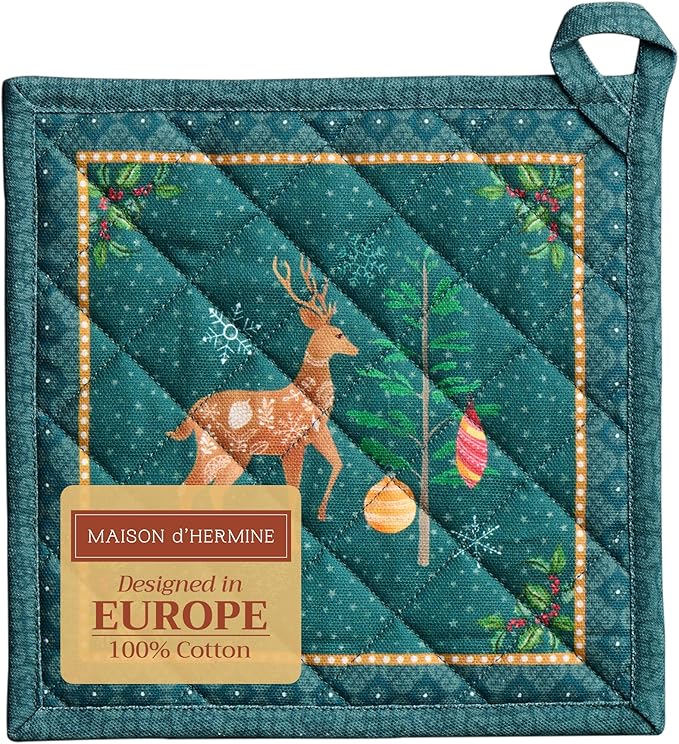 Maison d' Hermine Pot Holders 100% Cotton Heat Resistant Potholders 8" x 8" Hot Pads with Loop BBQ, Cooking, Baking, Grilling, Kitchen, Handling Hot Pans (Pack of 1, Hygge Christmas)