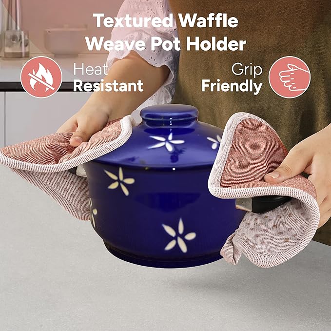 Casa Platino Cute Oven Mitts & Pot Holders, 4-Piece – Oven Mitts Heat Resistant for Grilling & Baking, Pot Holder for Hot Cookware & Microwave – Withstands Up to 500°F, Non-Slip – Canyon Rose