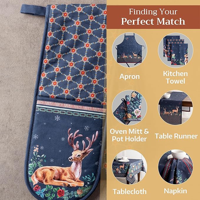 Maison d' Hermine Double Oven Mitts 100% Cotton 7"x35" Double Oven Mitt Heat Resistant BBQ Cooking Gloves with Loop, Baking, Grilling, Home, Kitchen, Handling Hot Pans (Christmas Joy)