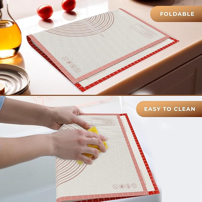 26 * 16 inches Red, Non-Slip Silicone Baking Sheets - Baking Mat with 0.7mm Thickness - Non-Stick Pastry & Cookie Mat for Kitchen Counter for Rolling Out Dough with Measurements.