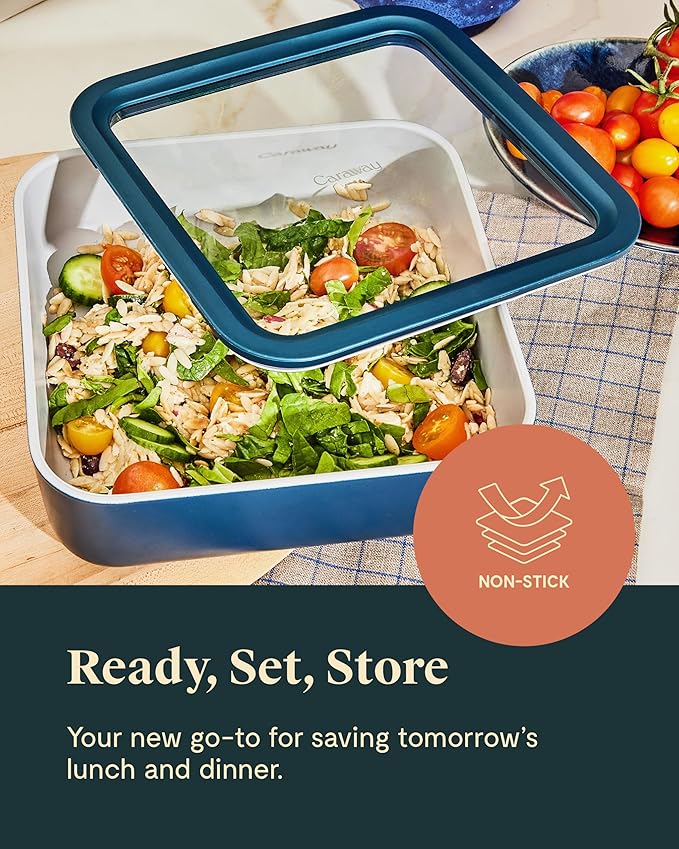 Caraway 2pc Glass Food Storage Set - 10 Cup Food Containers (2) - Ceramic Coated - Non Toxic, Non Stick Lunch Box with Lids. Dishwasher, Oven, & Microwave Safe - Gray