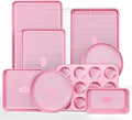 HONGBAKE 9-Piece Baking Pans Set Nonstick, Stackable Non Toxic Bakeware Sets with Diamond Texture, Oven Pan Set for Cooking, Includes Cookie Sheet with Rack, Cake Pan, Roasting Pan, Muffin Tin, Pink