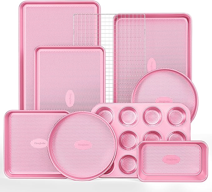 HONGBAKE 9-Piece Baking Pans Set Nonstick, Stackable Non Toxic Bakeware Sets with Diamond Texture, Oven Pan Set for Cooking, Includes Cookie Sheet with Rack, Cake Pan, Roasting Pan, Muffin Tin, Pink