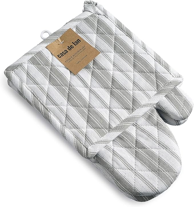 Oven Mitts & Potholder Set - Durable Heat Resistant Gloves - Thick Mittens for Kitchen - Suitable for Cooking, Baking, Grilling – BBQ - 2 Oven Mitts & 2 Potholders – Light Grey Stripes - Casa De Lan