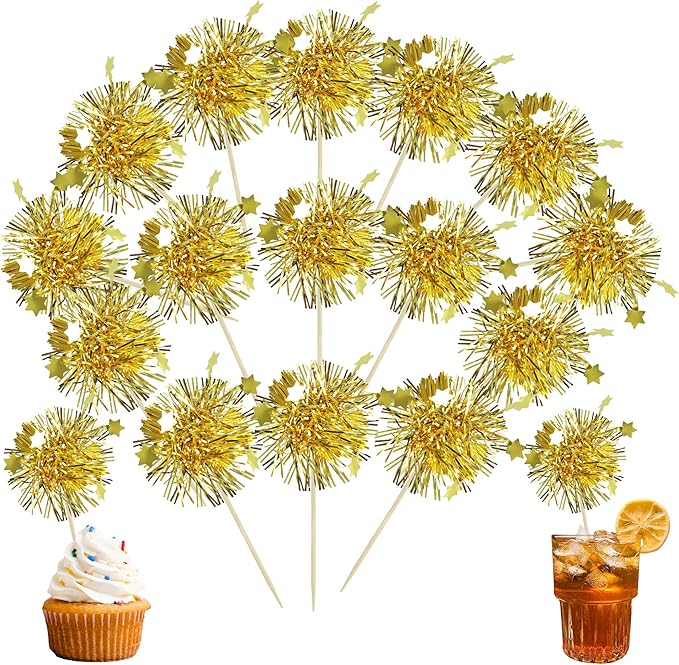 Ephlyn 30Pcs Foil Firework Cupcake Toppers Happy Birthday Cake Toppers Tinsel Flower Drink Stirrers Cocktail Food Fruit Toothpicks for Valentine's Day Party Decorations Gold