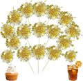 Ephlyn 30Pcs Foil Firework Cupcake Toppers Happy Birthday Cake Toppers Tinsel Flower Drink Stirrers Cocktail Food Fruit Toothpicks for Valentine's Day Party Decorations Gold