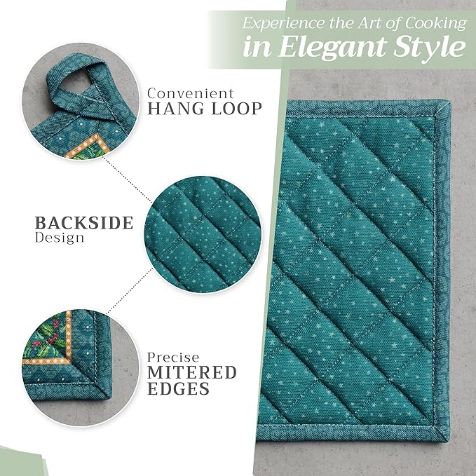 Maison d' Hermine Pot Holders 100% Cotton Heat Resistant Potholders 8" x 8" Hot Pads with Loop BBQ, Cooking, Baking, Grilling, Kitchen, Handling Hot Pans (Pack of 1, Hygge Christmas)