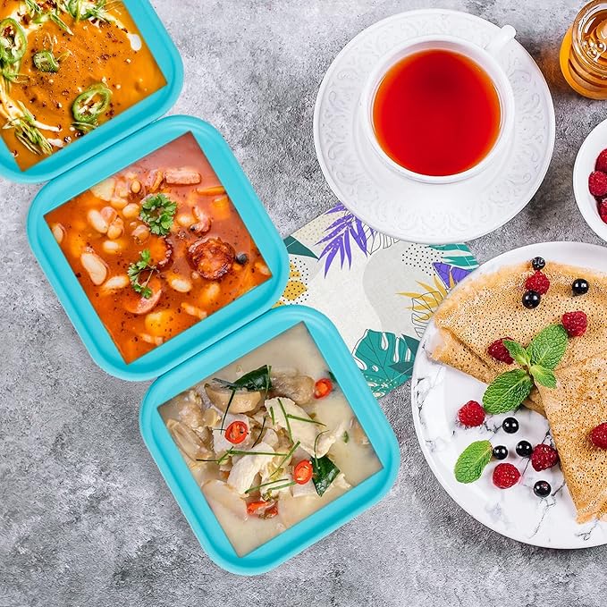 Silicone Freezing Tray with Lid - 2-Cup 4 Pack Freezer Containers,Make 1 Perfect Freezing,Storing Soups, Foods, Stews, Dips or Sauces Simple and Convenient Color Aqua