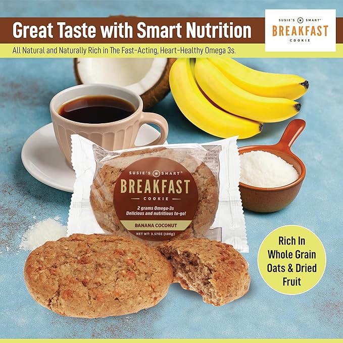 Susie's Smart Breakfast Cookie Healthy Omega-3s and Protein rich Soft Chewy Home-baked Cookie, Coconut/Banana, 3.57 Ounce (Pack of 18), 64.26 Ounce