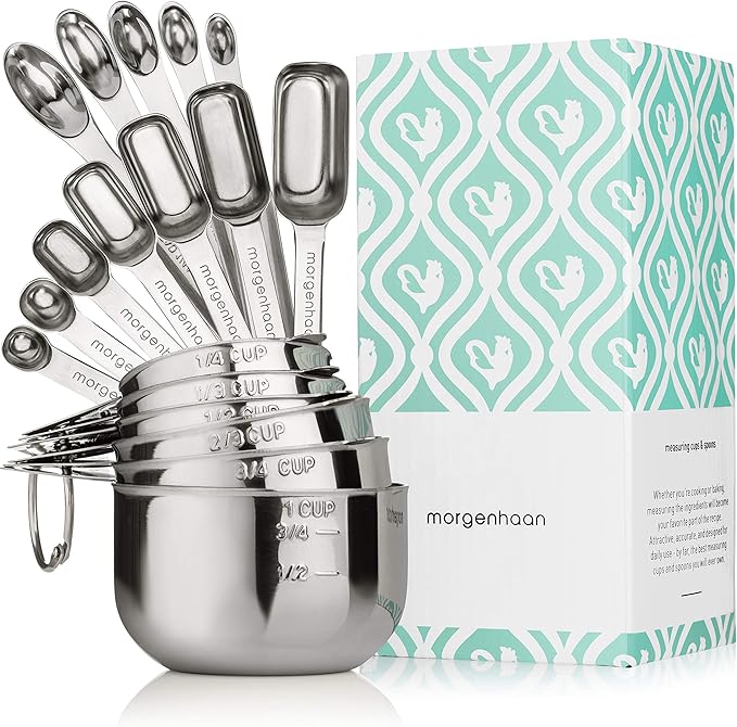 Heavy-Duty 304 Stainless Steel Measuring Cup Set (18-Piece) - Stackable, Dual Metric/US, Long & Narrow Spoons for Spice Jars + 5 Mini Spoons