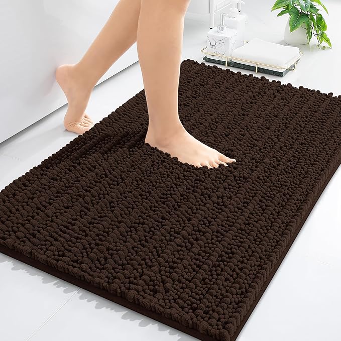 Arotive Luxury Chenille Bathroom Rug Mat, Extra Soft Thick Absorbent Shaggy Bath Rugs, Non-Slip Machine Wash Dry, Plush Bath Mats for Bathroom, Shower and Tub, 24x16, Brown