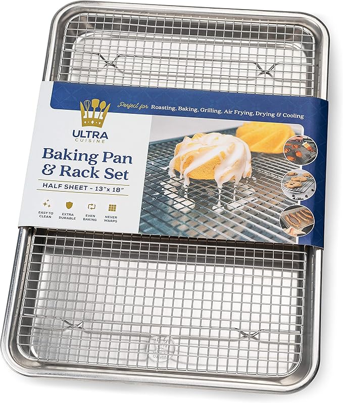 Ultra Cuisine Aluminum Baking Sheet with Stainless Steel Cooling Rack Set -Half Sheet Size Pan 13 x 18 inch, Durable Rimmed Sides, Easy Clean, Commercial Quality for Cooking and Roasting