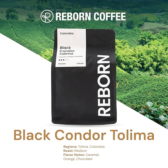 Reborn Coffee Specialty Whole Bean Coffee, Medium Roast, 12 Ounce, Colombia Black Condor Tolima, Flavor Notes of Chocolate, Nut, and Citrus