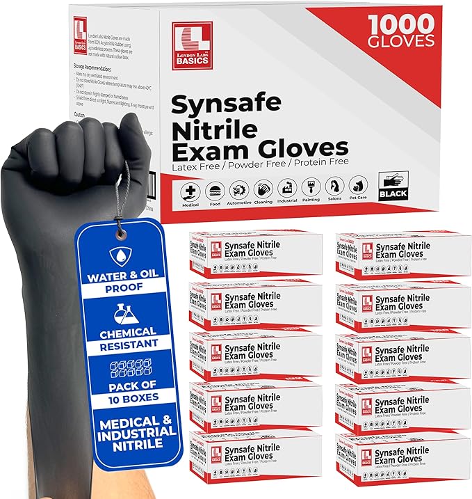 Synsafe 4 Mil -Black Nitrile Exam Gloves –Disposable Latex Free & Powder Free – Extra Strong, Rubber Gloves – First Aid Kit, Medical, EMT, Cleaning, Cooking | Bulk Case of (1000 ct)