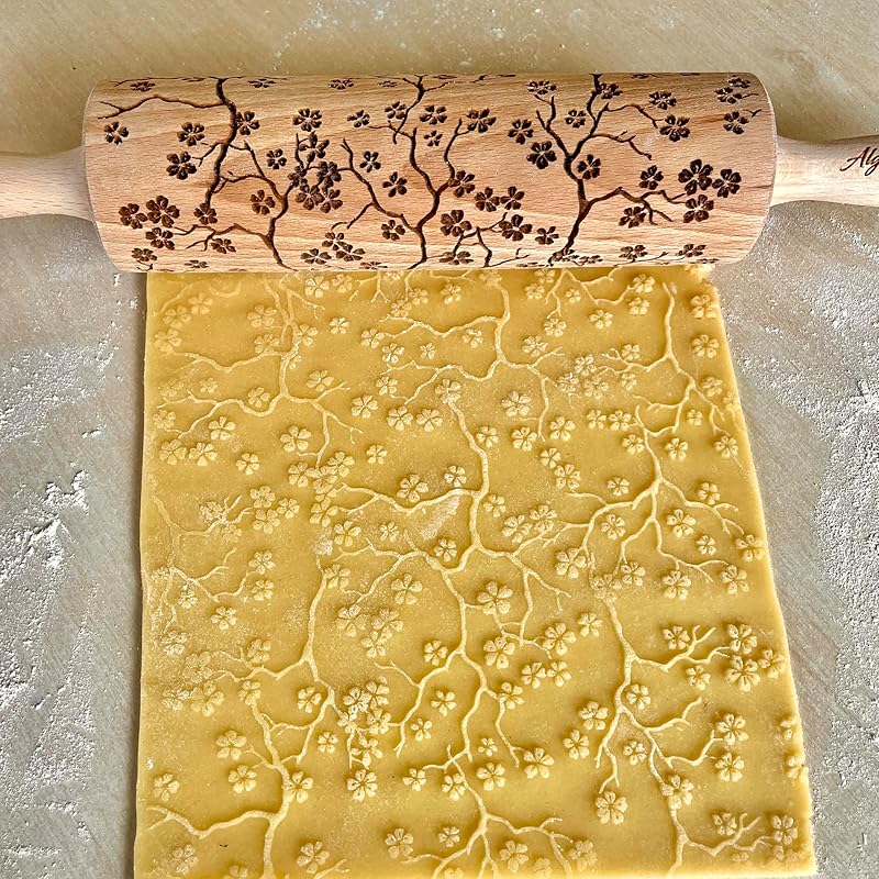 SAKURA TREE Embossing Rolling Pin with Blooming Sakura Flowers Pattern. Dough and Clay Roller for Embossed Cookies Fondant Pottery. Cookie and Ceramic Stamp. Backing Gifts for Women by Algis Crafts