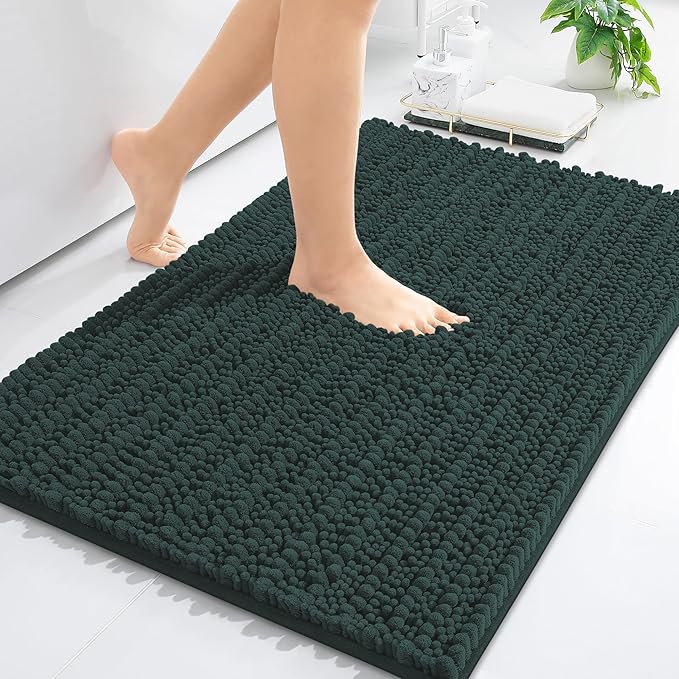 Arotive Luxury Chenille Bathroom Rug Mat, Extra Soft Thick Absorbent Shaggy Bath Rugs, Non-Slip Machine Wash Dry, Plush Bath Mats for Bathroom, Shower and Tub, 34x21, Dark Green
