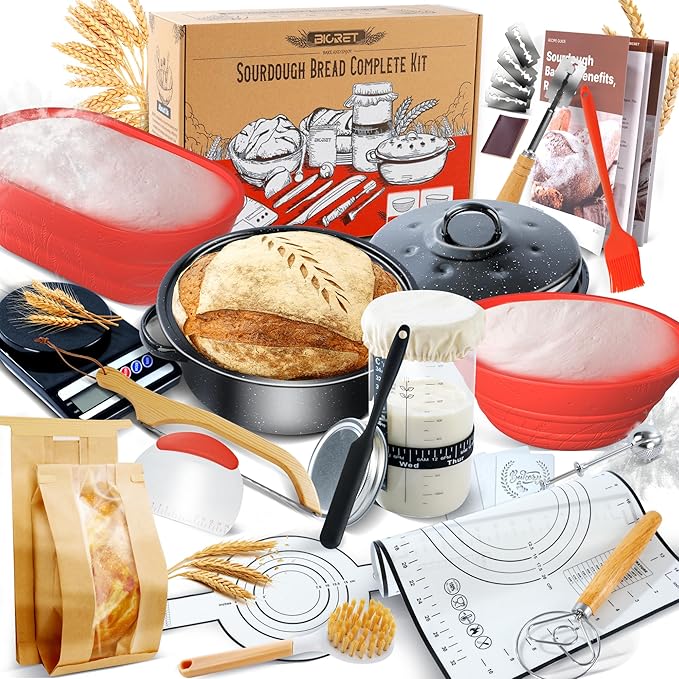 Sourdough Bread Baking Supplies 34 oz Sourdough Starter kit with Pot, 2 Silicone Bread Proofing Baskets, and Bread Making Tools Kit - Red
