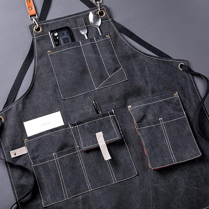 Canvas Aprons for Men Chef Apron, Work Apron with Large Pockets - 16oz Heavy Duty Cross Back, BBQ, Cooking