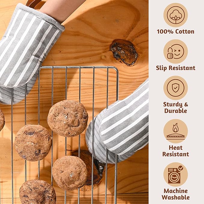 Folkulture Mini Oven Mitts Heat Resistant | (5.75 x9) Set of 2 White Short Oven Mitts with Hanging Loop | 100% Cotton Oven Gloves or Kitchen Mittens | Small Oven Mitt Set or Grey Silicone Oven Mitt