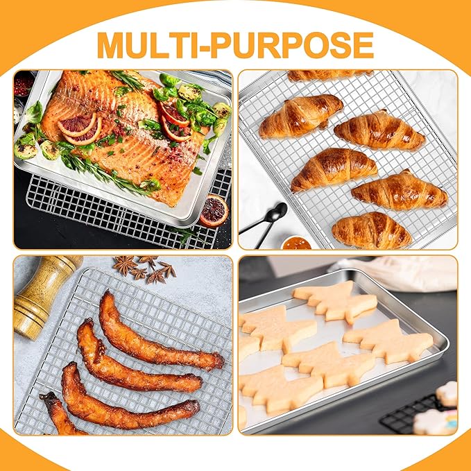 E-far Baking Sheet with Wire Rack Set, 17.6” x 13” Stainless Steel Cookie Sheet Baking Pan for Oven, Rimmed Large Metal Tray with Cooling Rack for Cooking Roasting, Non-Toxic & Dishwasher Safe