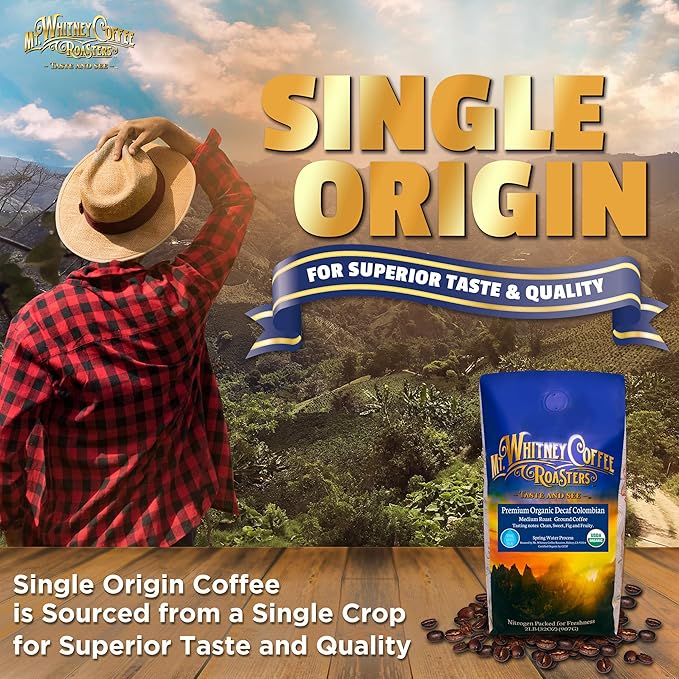 Mt. Whitney Premium Organic Spring Water Colombian, Medium Dark Raost, Low Acid, Decaf Coffee (Ground, 2 Lb)