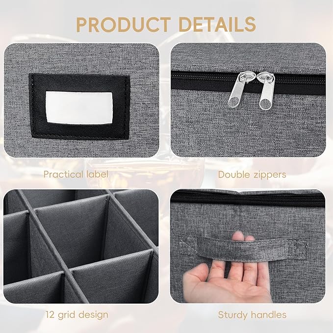 homyfort Wine Glass Storage Box, China Storage Containers with Dividers, Stemware Storage Case Holds 24 Wine Glass or long stem Crystal Glassware with Handles, Hard Shell and Stackable
