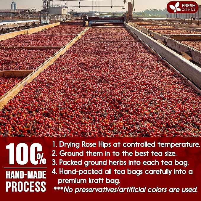 FreshDrinkUS, Premium 30 Rosehip Tea Bags, 100% Natural & Pure from Rose Hip Fruits. Loose Rosehip Herbal Tea. Made with Natural Material Tea Bags. No Sugar, No Caffeine, No Gluten, Vegan.