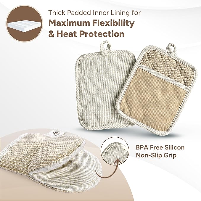Casa Platino Mini Oven Mitts & Silicone Pot Holders, 4-Piece – Heat Resistant Gloves for Cooking & BBQ, Hot Pads for Kitchen – Withstands Up to 500°F, Non-Slip & Machine Washable – Beige