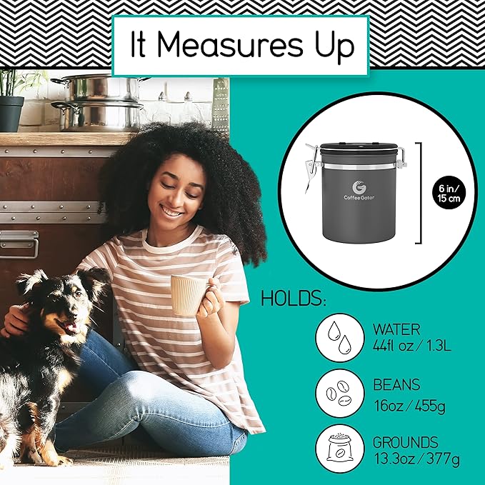 Coffee Gator Coffee Canister, 2pack 16oz Airtight Stainless Steel Kitchen Food Storage Container with Date Tracker, Scoop for Grounds Coffee Bar Accessories, Beans, Tea, Sugar, Flour - Gray&Silver